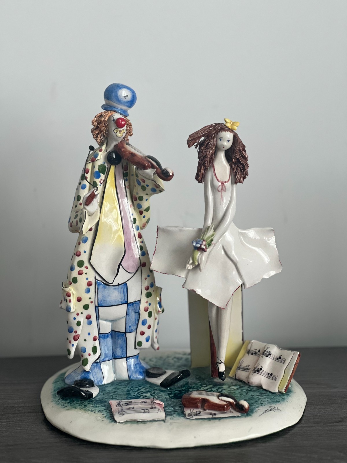 Vintage Lino Zampiva Italy Ballerina & Violinist Clown Figurine Signed
