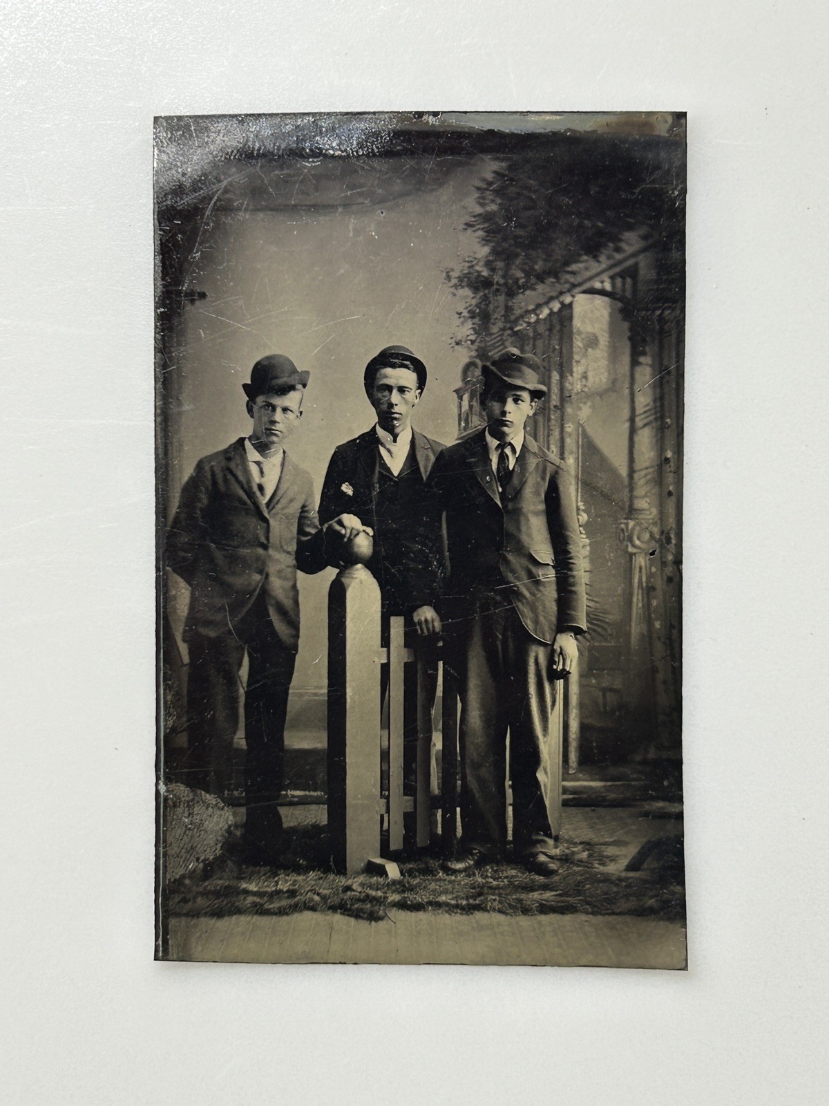 Antique Tintype Three Young Men in Hats Group Portrait 1/6 Plate