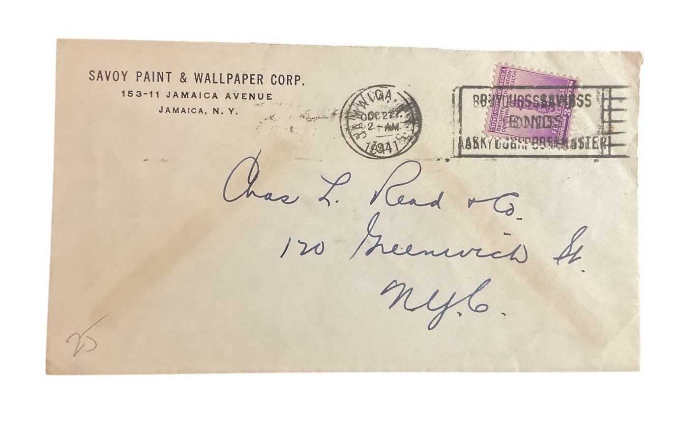 Savoy Paint Wallpaper Corp Jamaica NY New York 1941 Letterhead Envelope EA