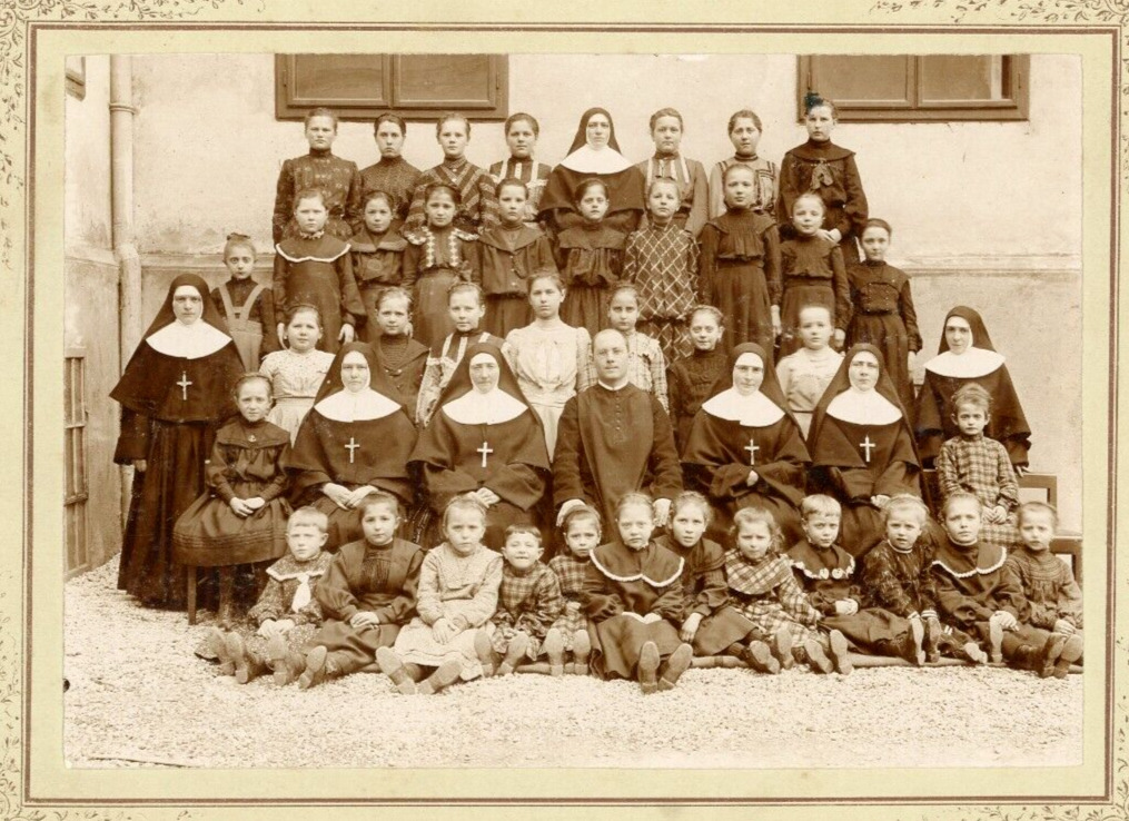 Antique Austrian Catholic School Cabinet Photo Nuns Priest Unhappy Girls