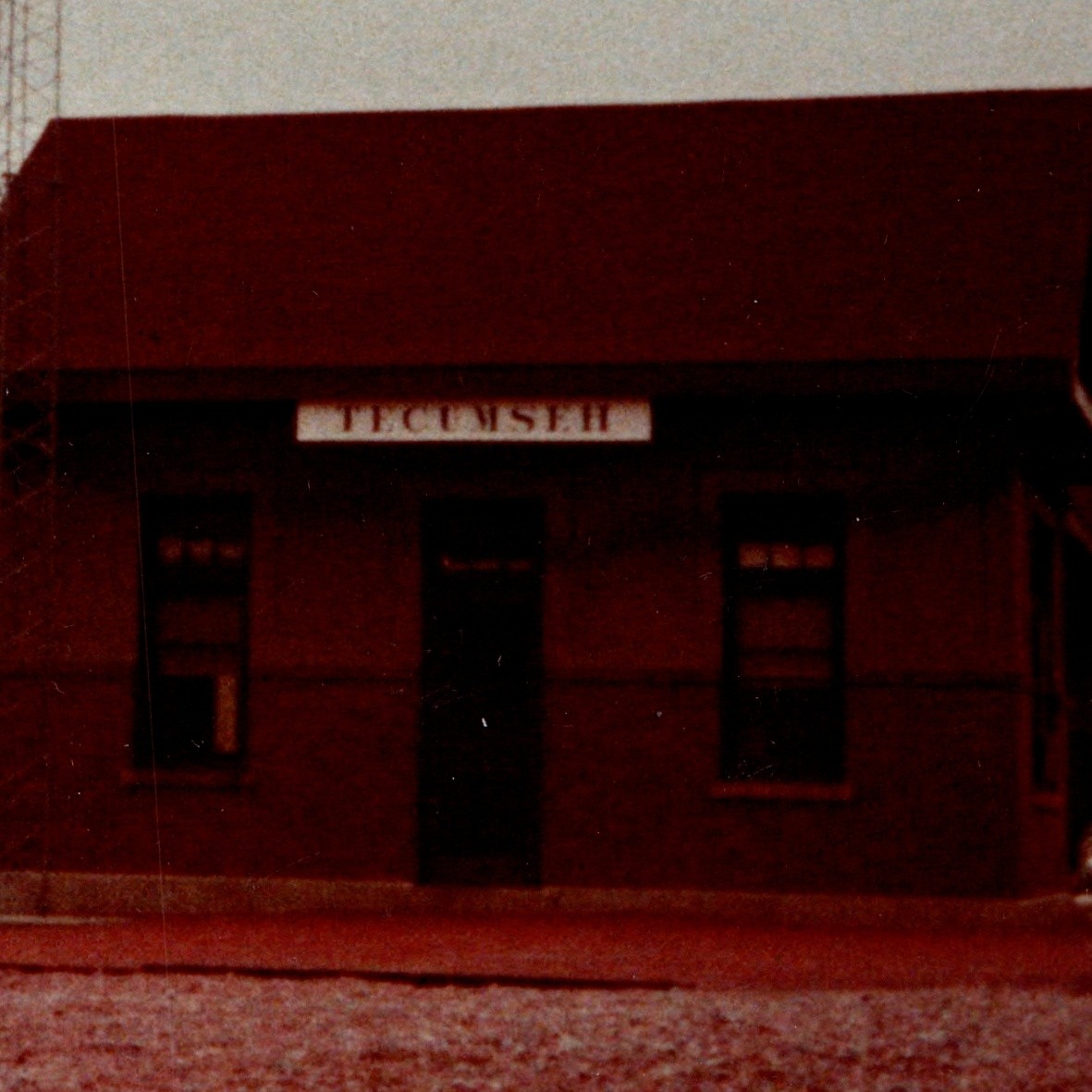 1984 Tecumseh, NE East End CB&Q Depot Snapshot Photo Railroad Tracks Truck Tower