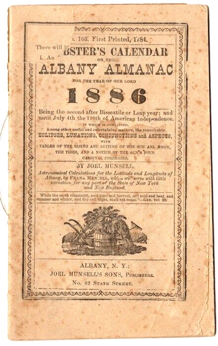 1886 Webster\'s Calendar OR The Albany Almanac, Publ. Joel Munsell\'S Sons