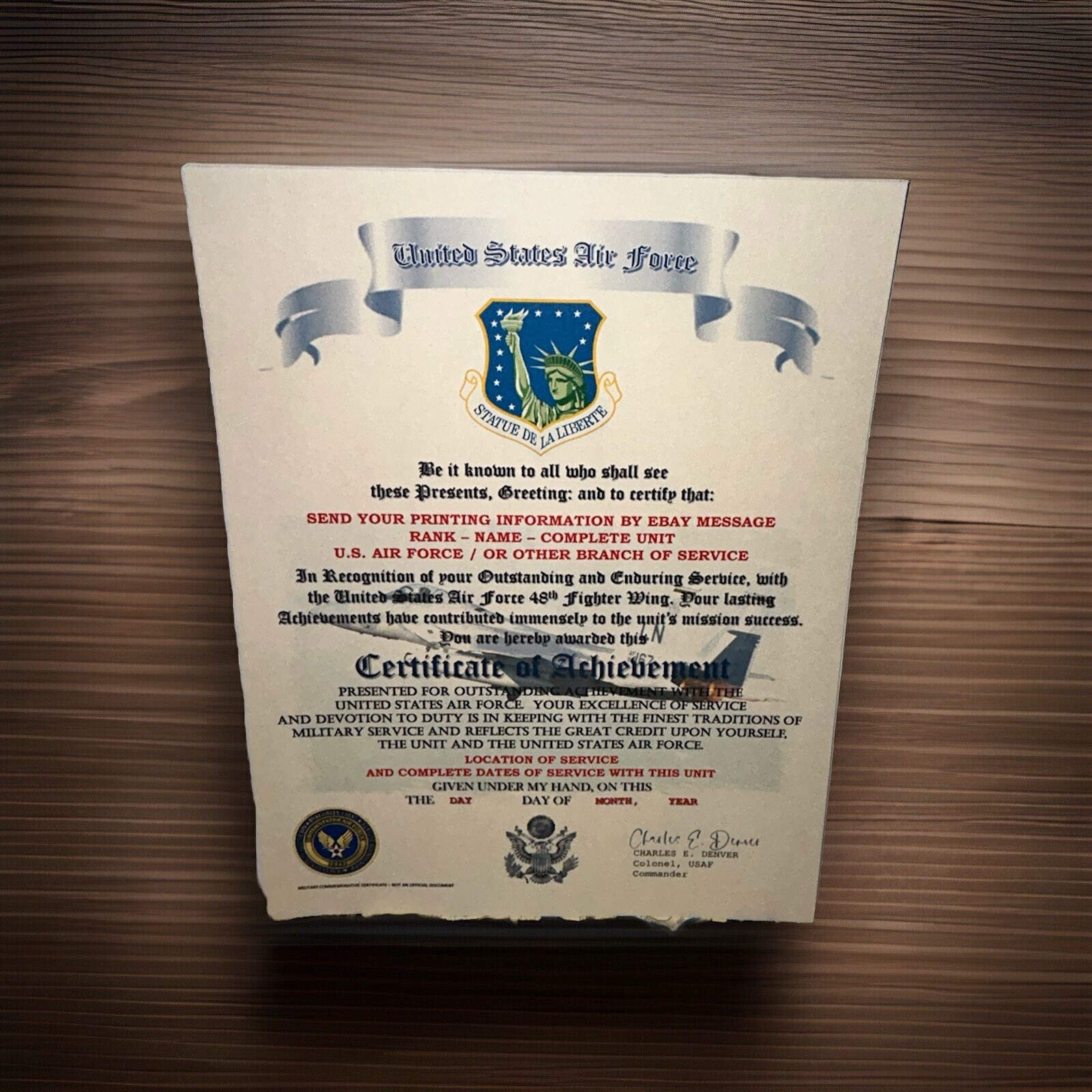 U.S.A.F. / AIR FORCE 48TH FIGHTER WING - CERTIFICATE OF ACHIEVEMENT