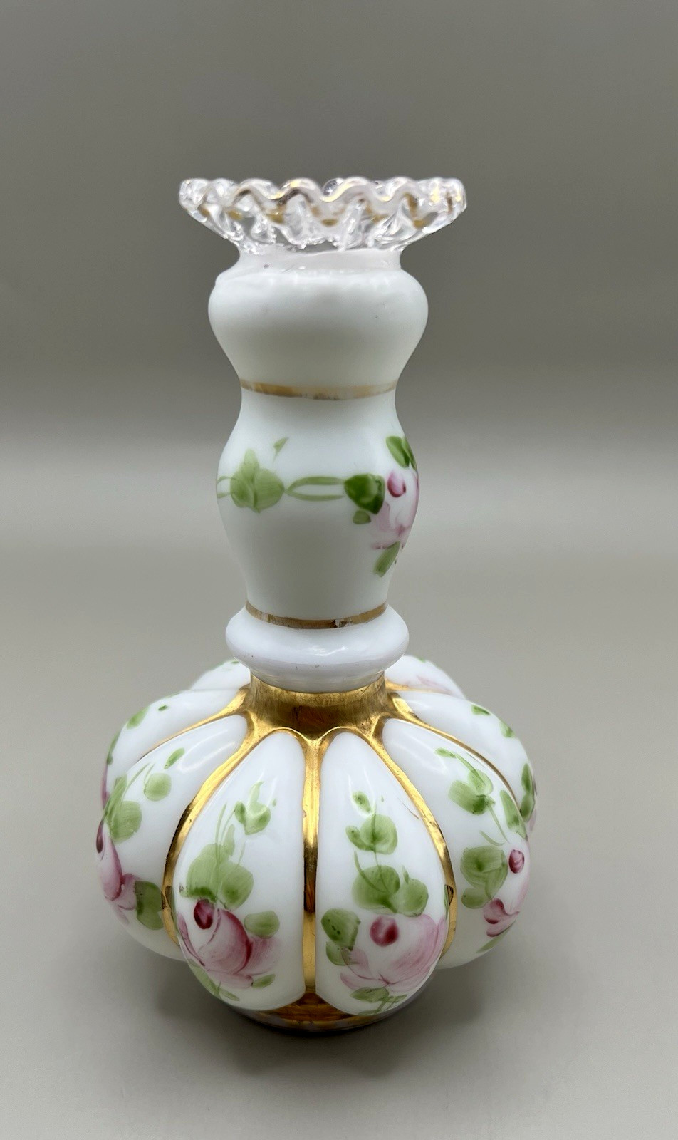 Vintage Fenton Charleton Hand-painted Vase/Bottle Roses/Floral Gold Trim 5.5”