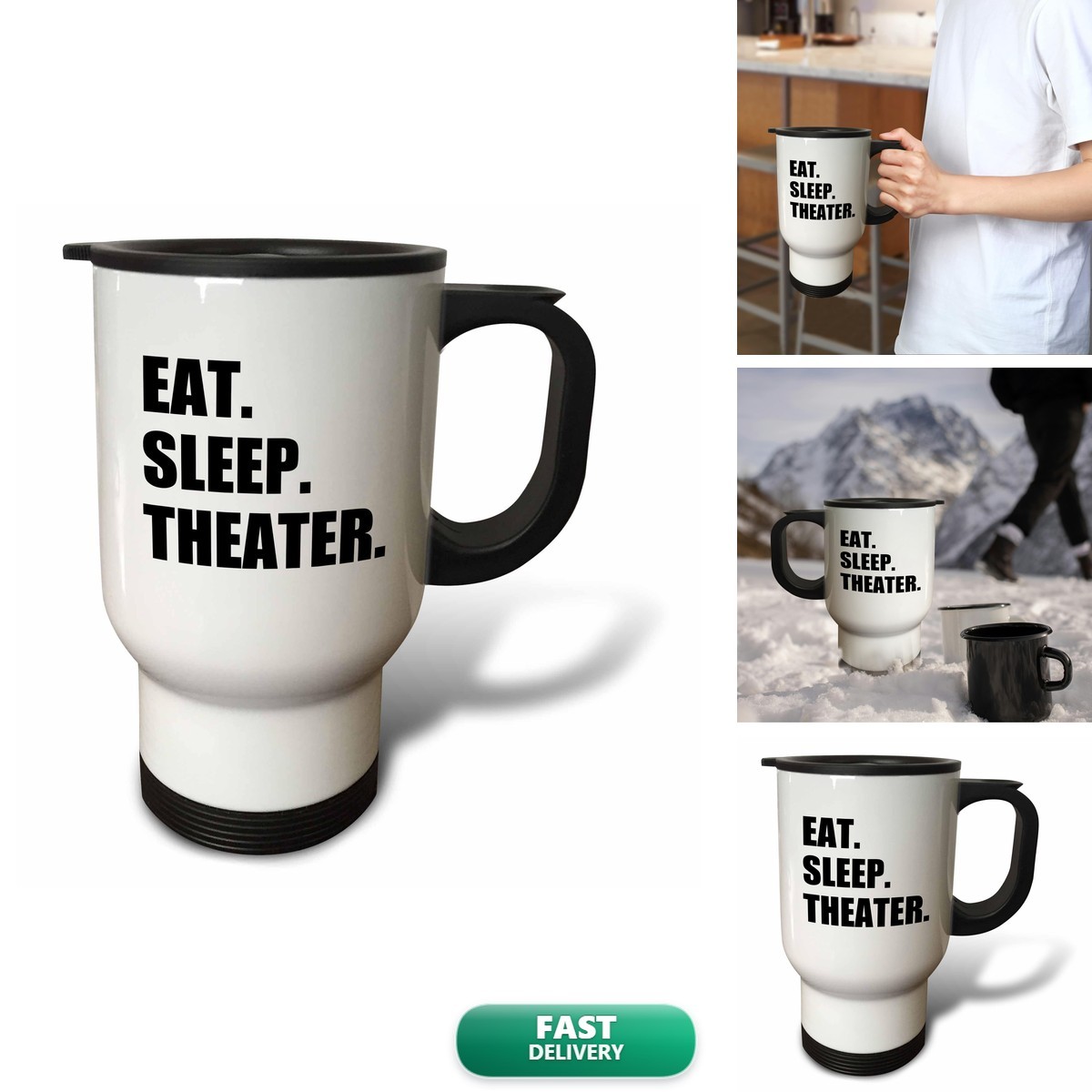 3dRose Eat Sleep Theater Travel Mug, 14 oz, Stainless Steel
