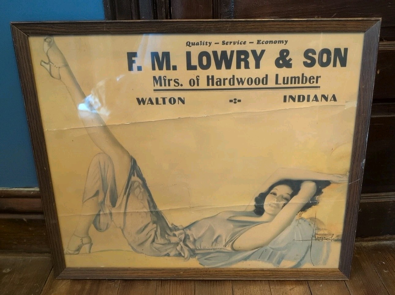 Antique F.M. Lowry & Sons Mfrs. Hardwood Lumber Walton,IN Ad Sign Pin-up Rare