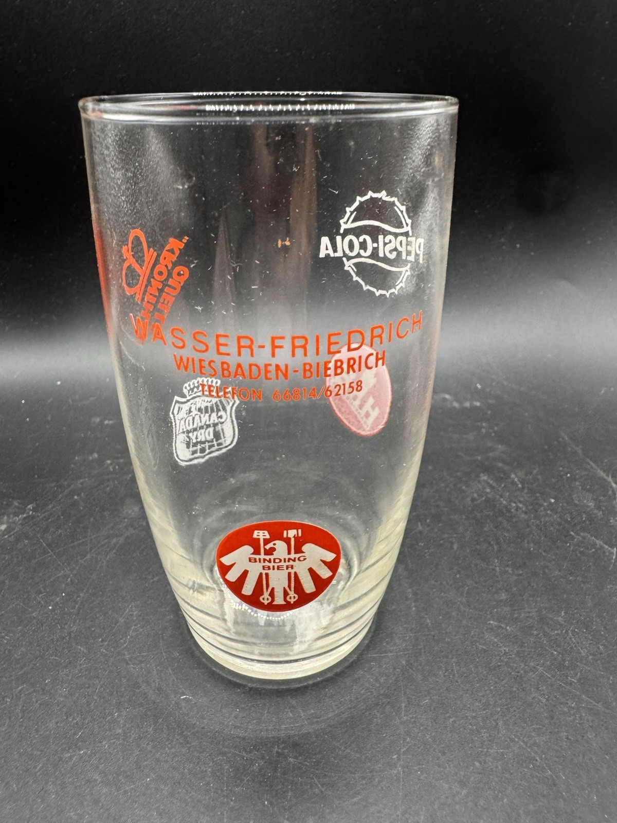Vintage German Pepsi Cola Canada Dry Glass Binding Bier Wiesbaden Promo Tumbler