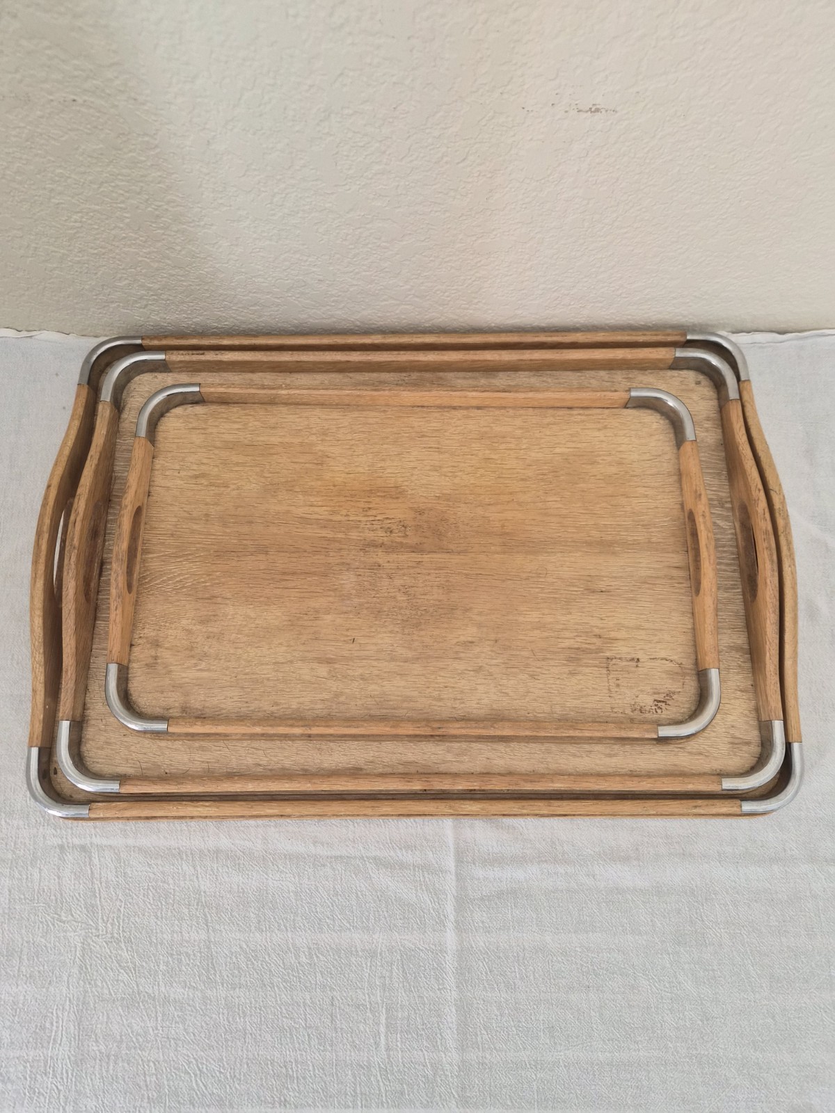 Vintage Mid-Century Japanese Wood Nesting Trays Chrome Corners