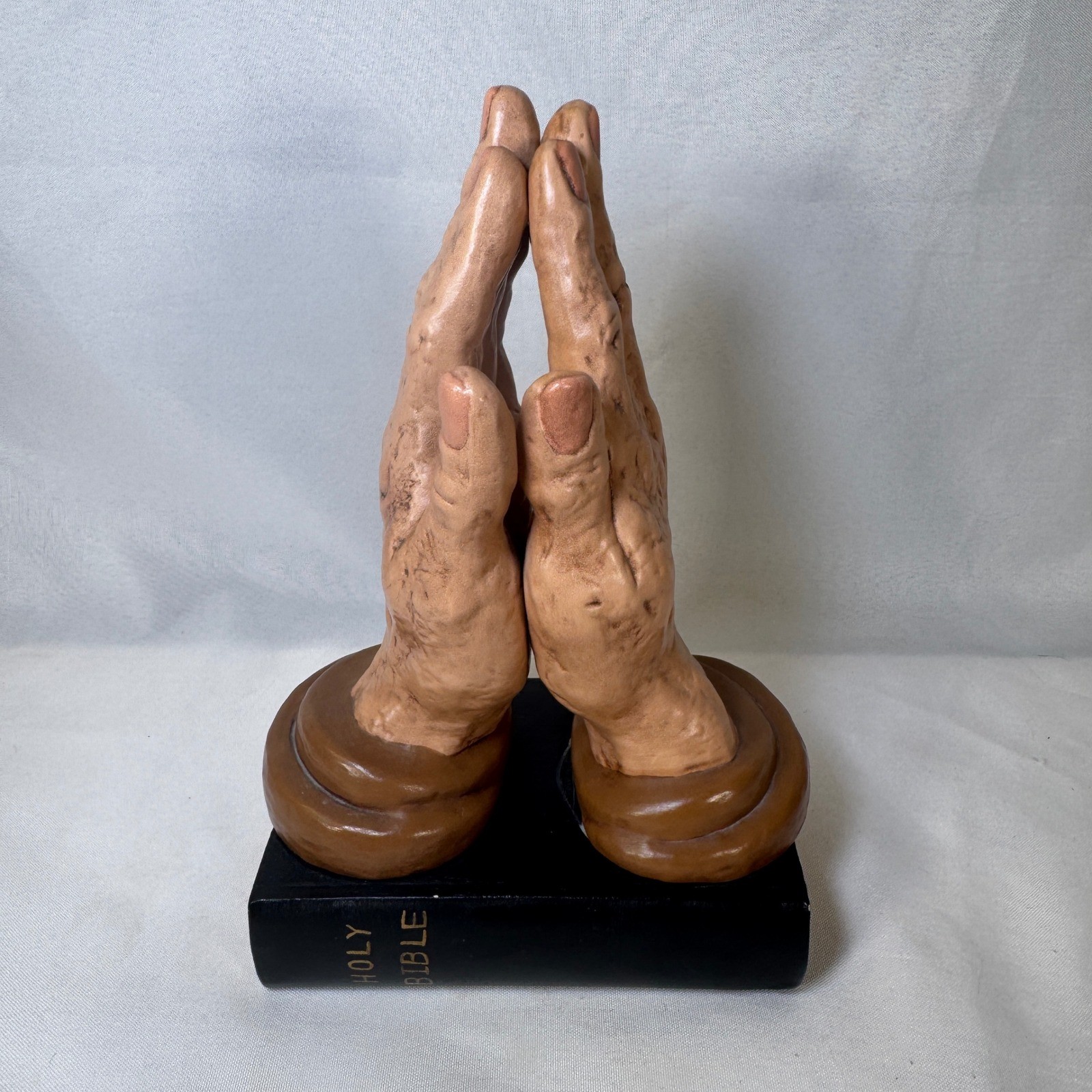 Vintage 1979 Praying Hands Sculpture on Holy Bible Base Religious Decor Dec 79