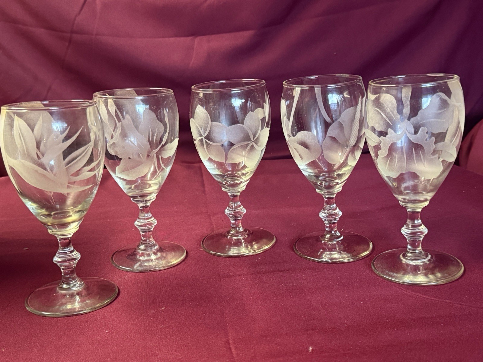 Vintage 5 Frank Oda Arts Hawaii Etched Hawaiian Tropical Flower Wine Goblets