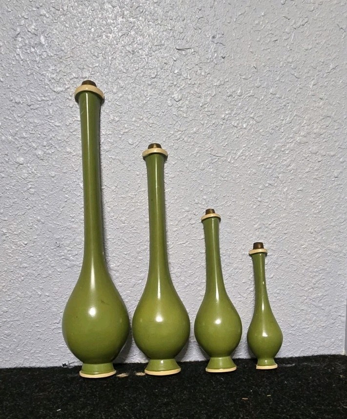 VINTAGE MCM GENIE BOTTLE CHALKWARE Set Of 4 Olive Green WALL ART