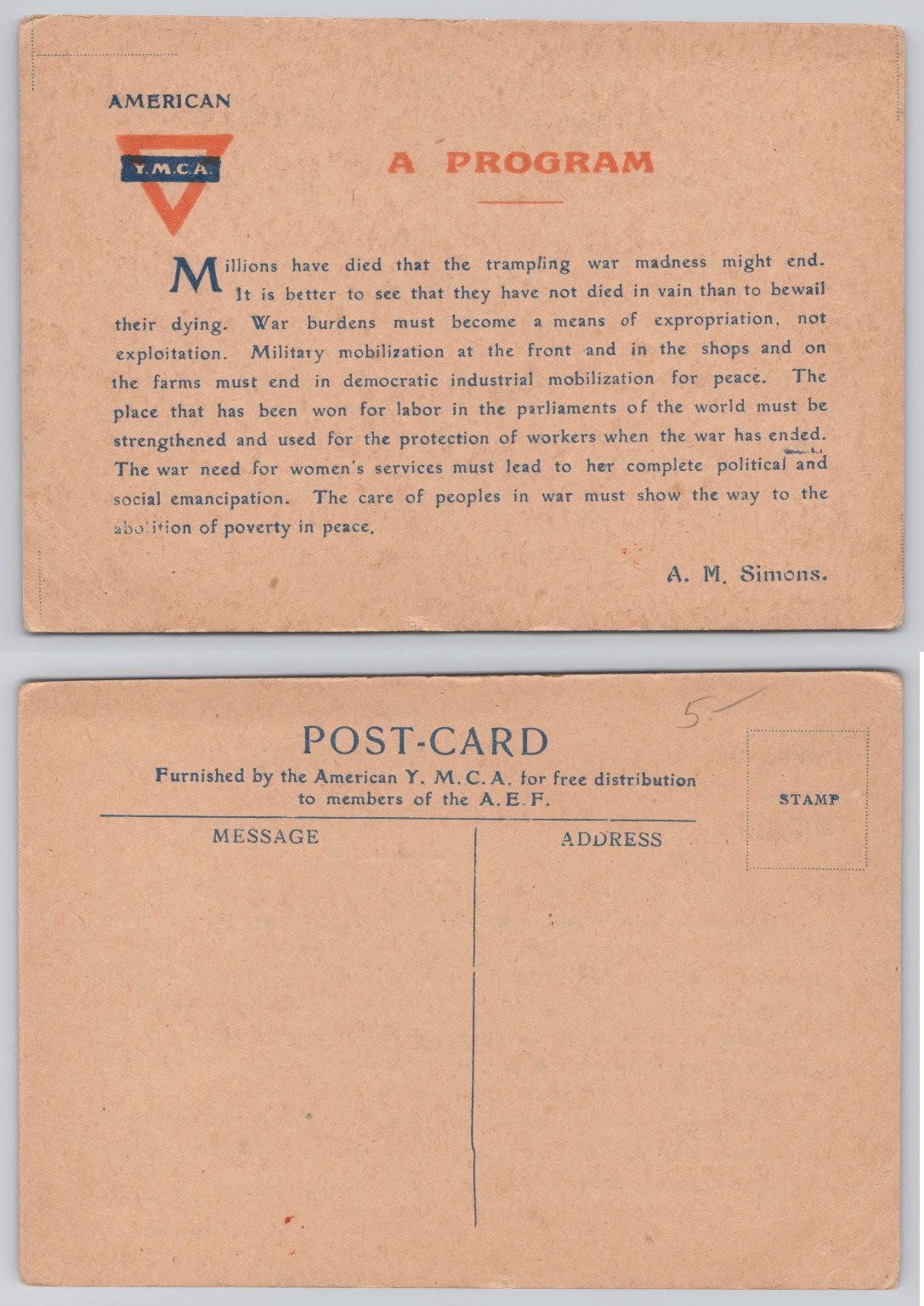 WWI YMCA AEF American Program Postcard Peace Labor Women\'s Suffrage Propaganda