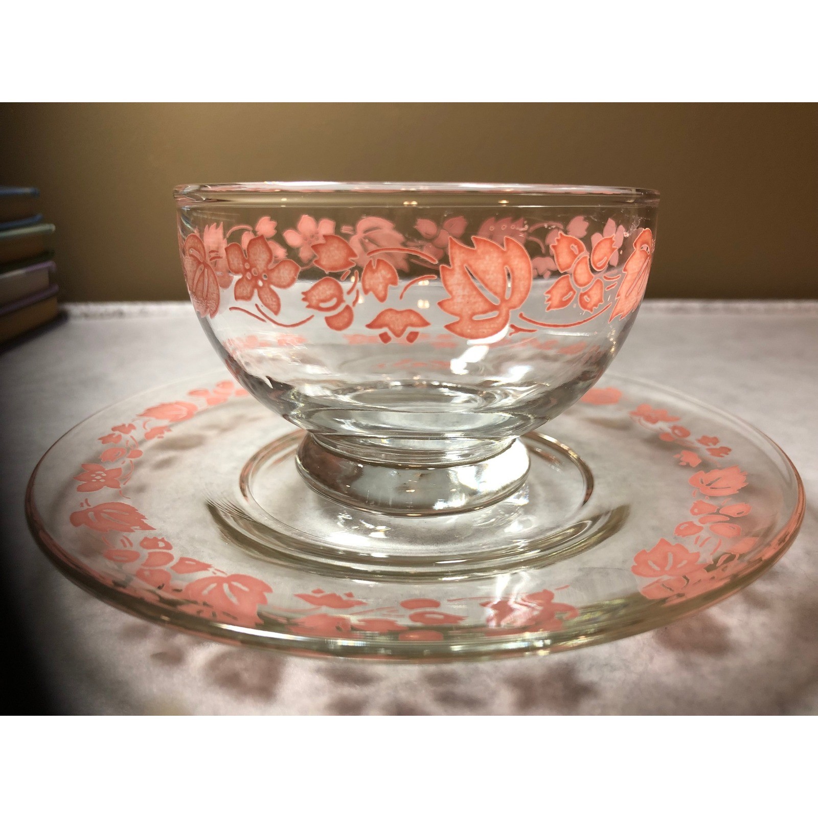 Vintage Pink Gooseberry Glass Sherbet Bowl & Saucer Set Coquette Cottagecore MCM