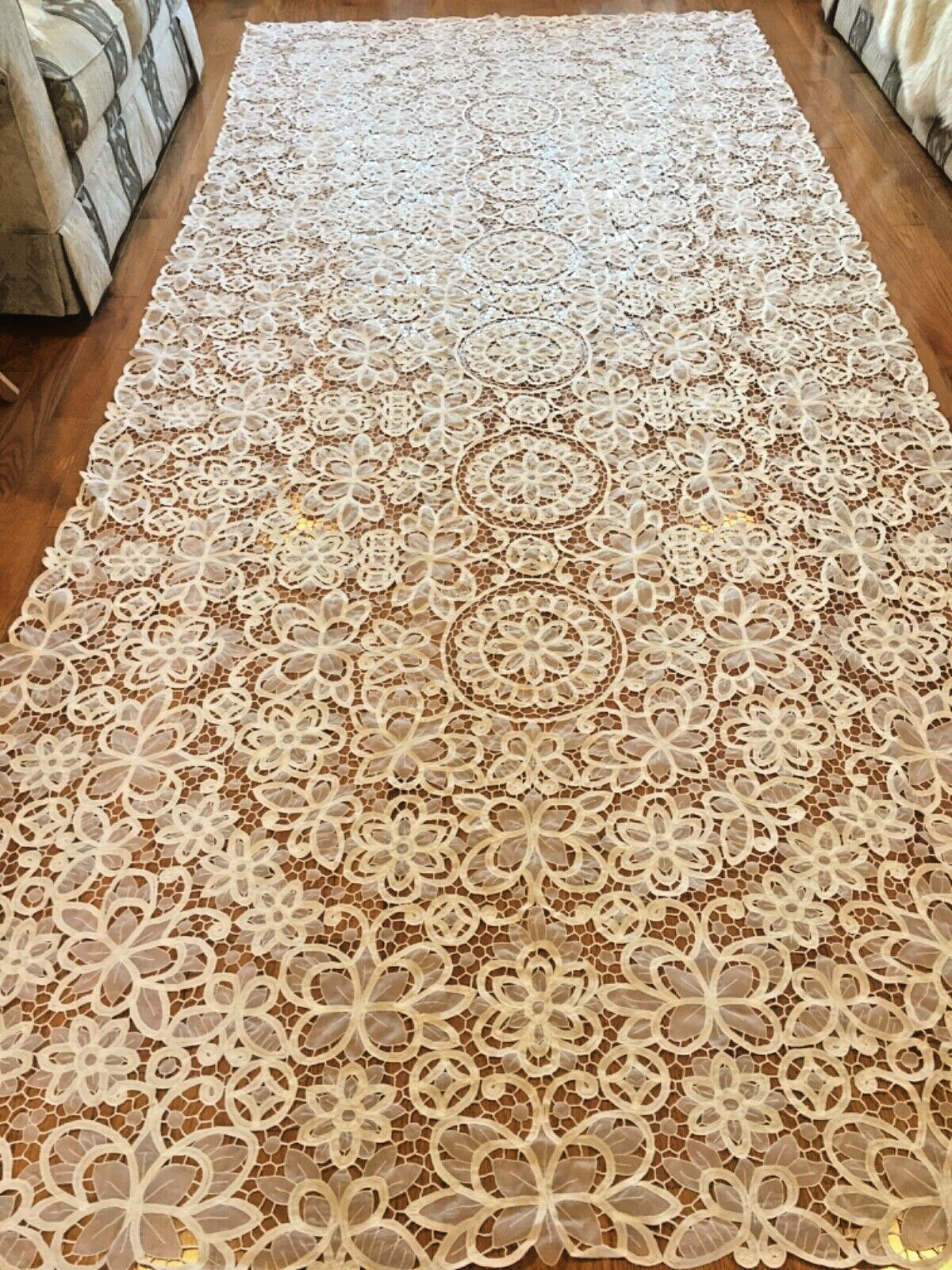 Vintage Huge handmade Battenburg Lace & Sheer tablecloth  white 144”x 68