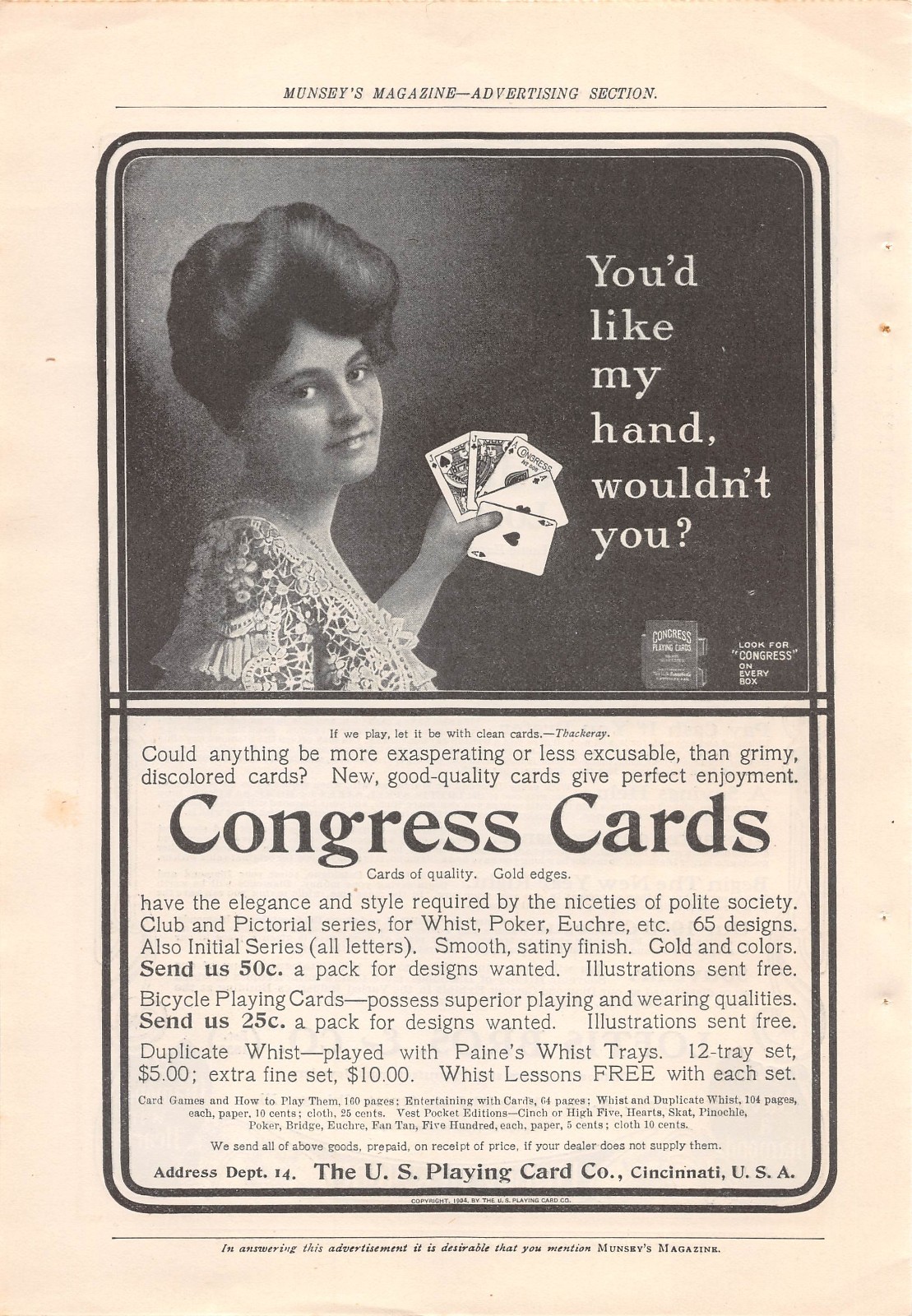 1905 ad CONGRESS PLAYING CARDS Woman Poker Hand You'd like my hand wouldn't you?