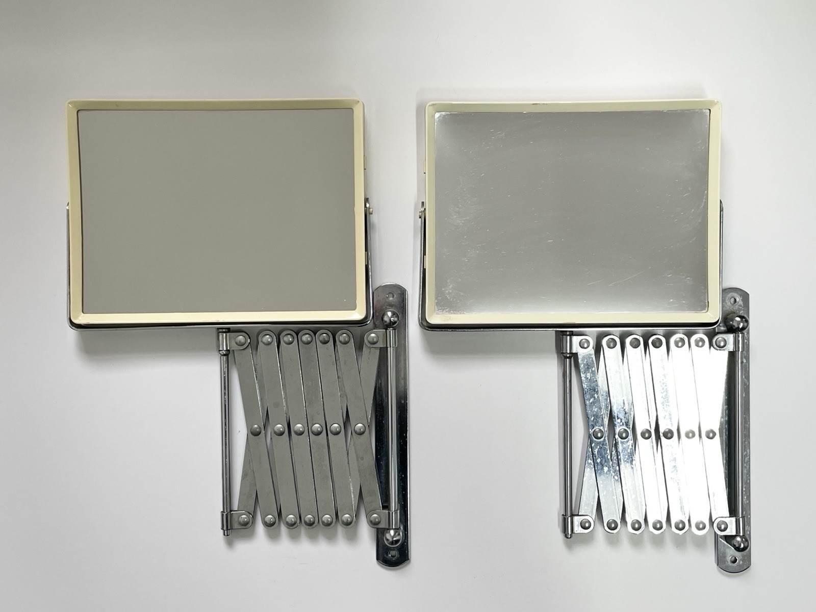 Accordion Swinging Scissor Shaving Mirrors, Lot of 2, Wall-Mounted, 2 Sided, VTG