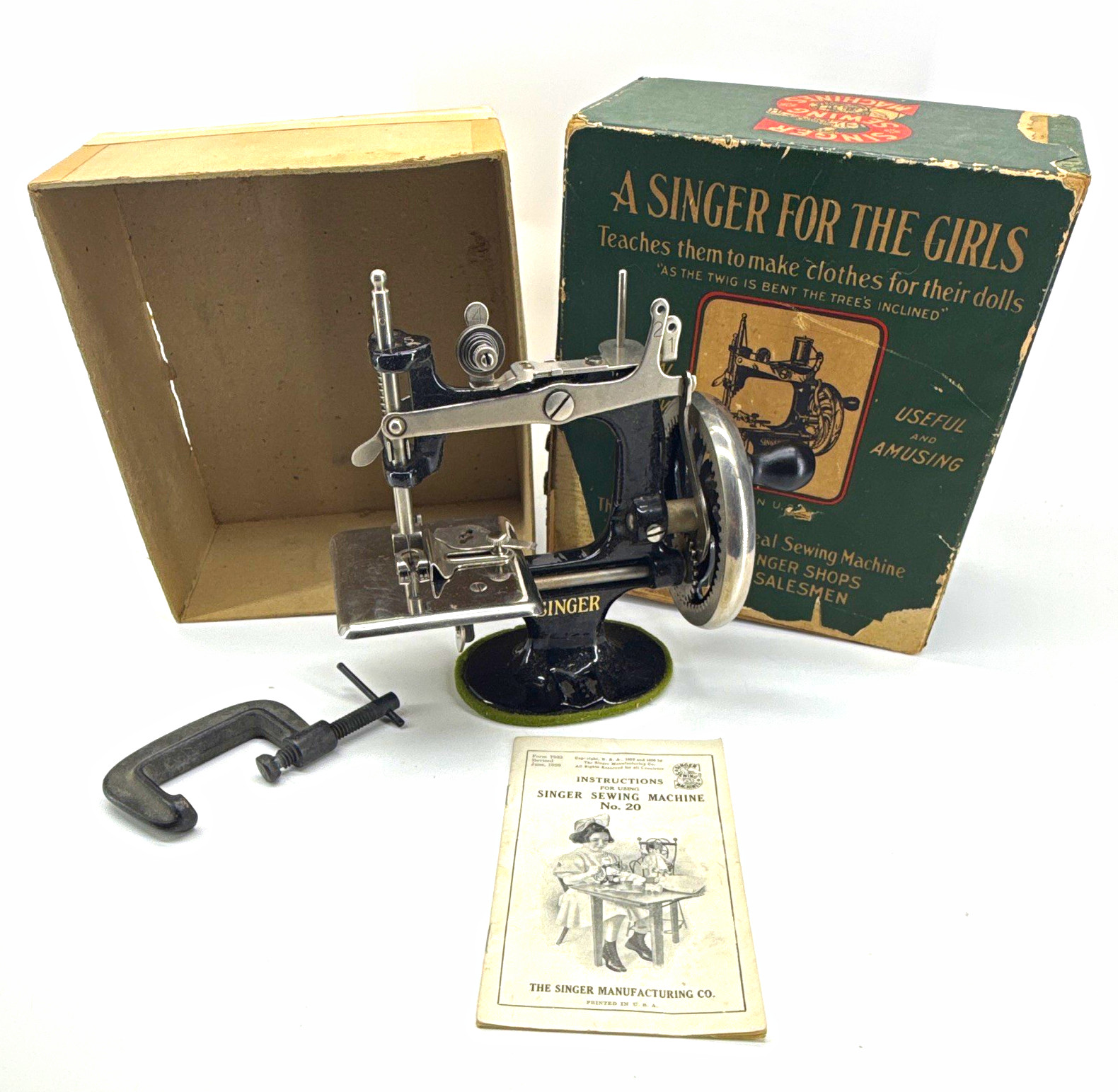 Antique 1920s SINGER 20 Toy Sewing Machine Box Manual Clamp & Rare Needle Tool 
