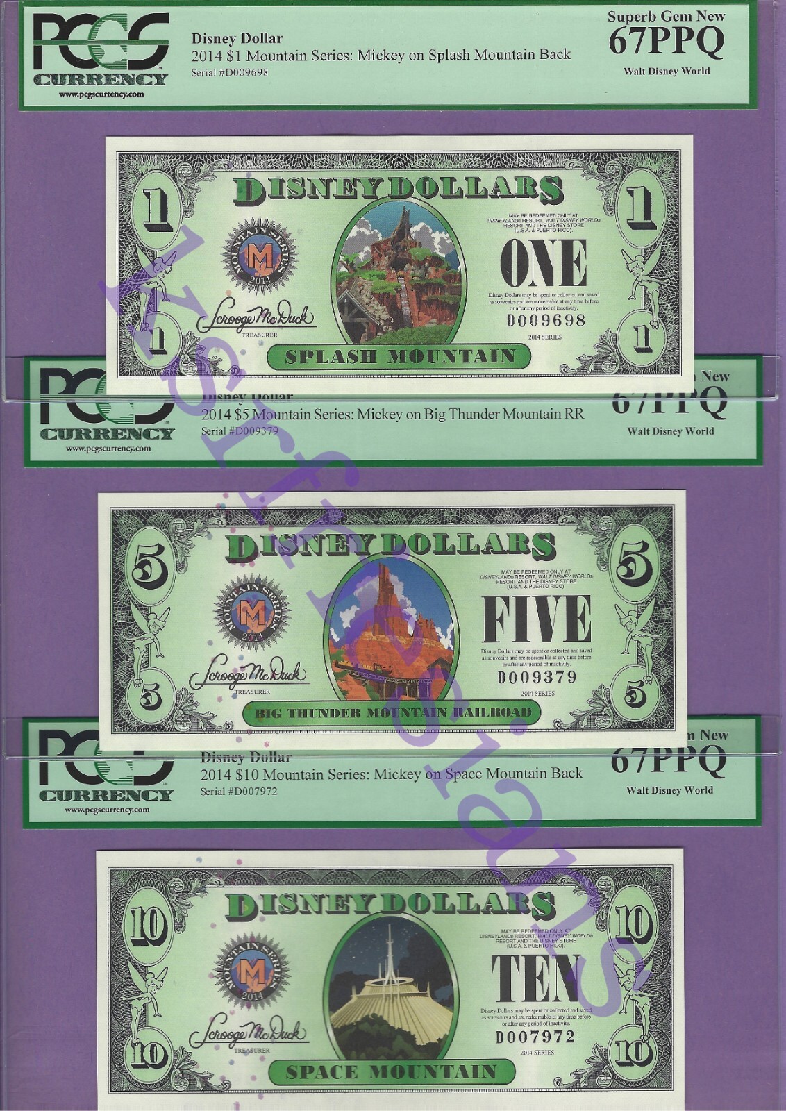 2014 D $1 $5 $10 SPLASH MOUNTAIN THUNDER RR SPACE MTN DISNEY WORLD DOLLARS 67PPQ