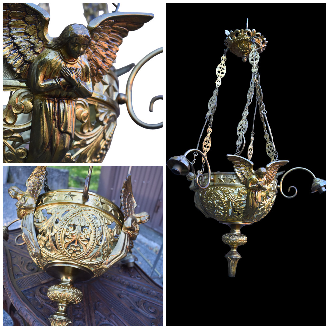 Antique French 19thc bronze sanctuary lamp chandelier archangels religious rare