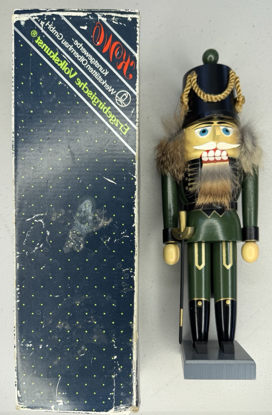 Vintage KWO German Wooden Nutcracker Danish Officer Green Gold 11.5