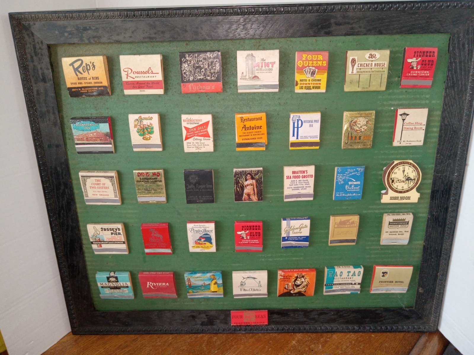 ANTIQUE / VINTAGE LOT OF 35 MATCH BOOKS ON HANGING WOODEN FRAME 19\