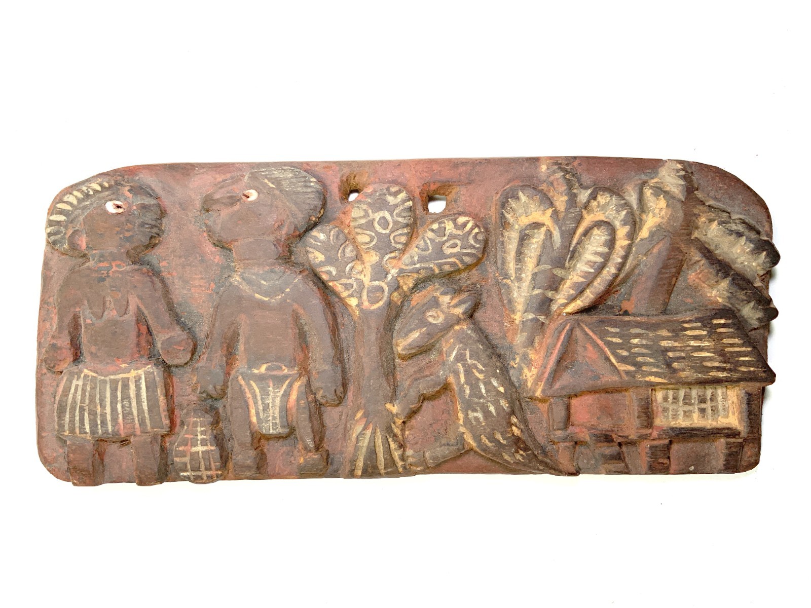 Vintage Hand Carved Folk Art Wood Wall Plaque Tribal Figures Animal Mid Century