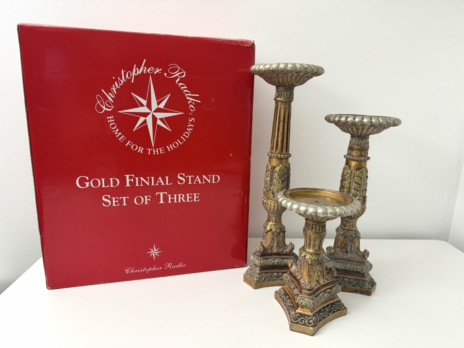 RARE Christopher Radko Gold Finial Stand Set of Three Candle Holders w/Box READ