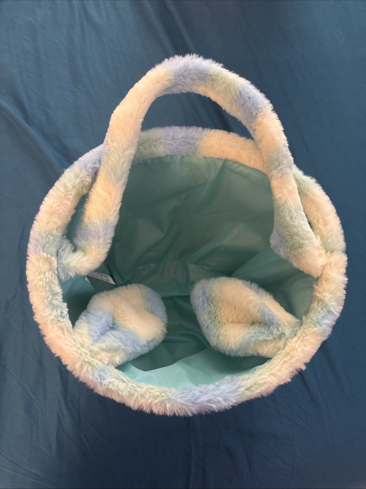 Easter Basket. Blue Multicolored/Fuzzy. 10” Wide x 9” Tall. 