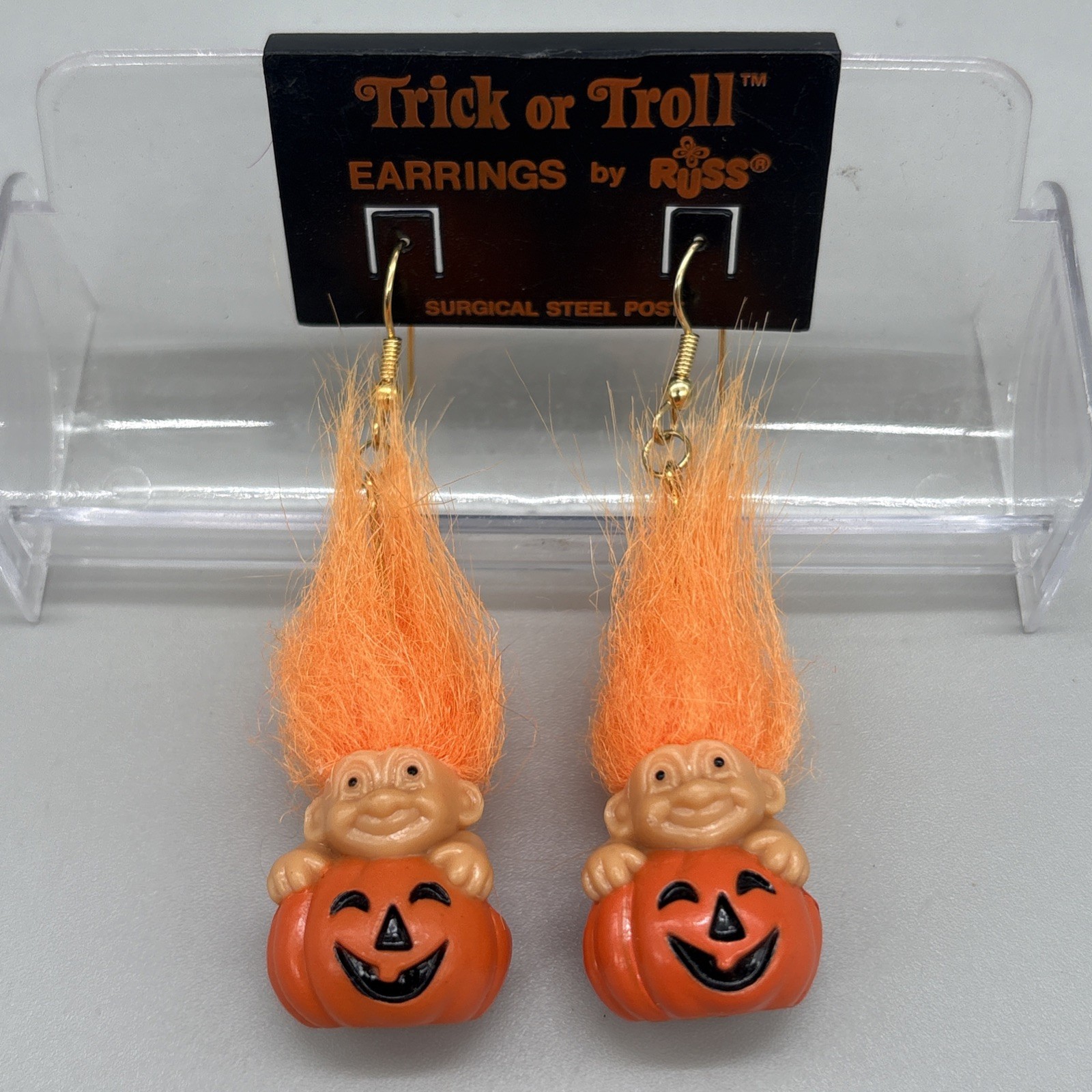 Vintage Russ Berrie Trick or Troll Halloween Earring Pumpkin Orange Hair New 90s