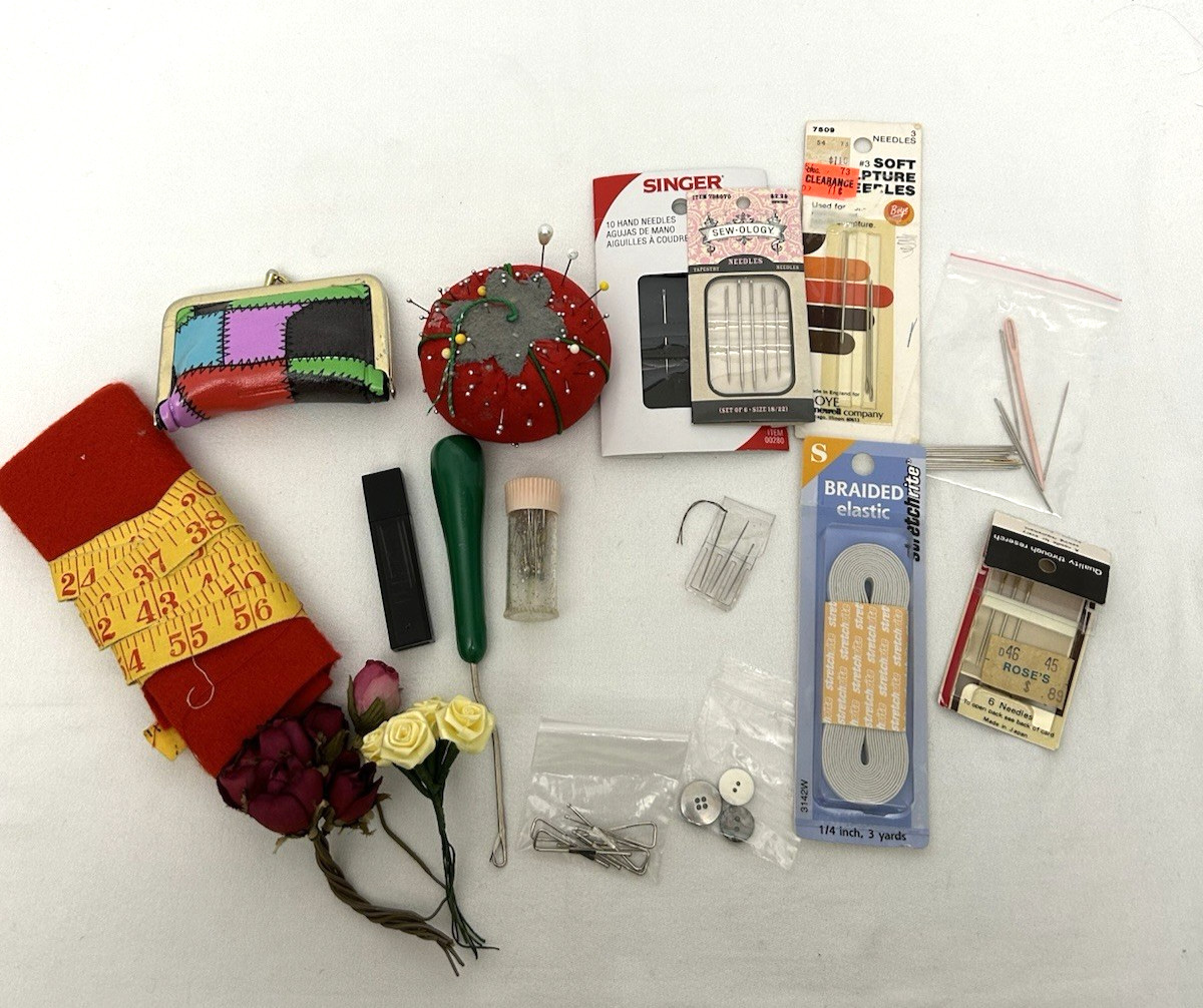 Vintage Sewing Notions Lot Crafts Pin Cushion Travel Case Needles Tape Measure +