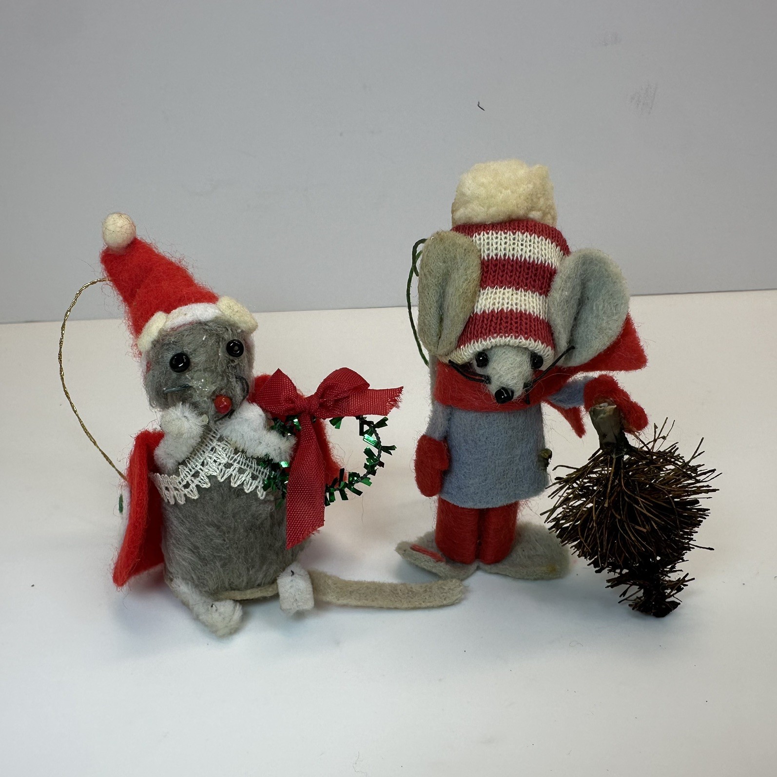 Vintage Enesco Christmas Mice Figures Felt Taiwan MCM Holiday Decor Set of 2