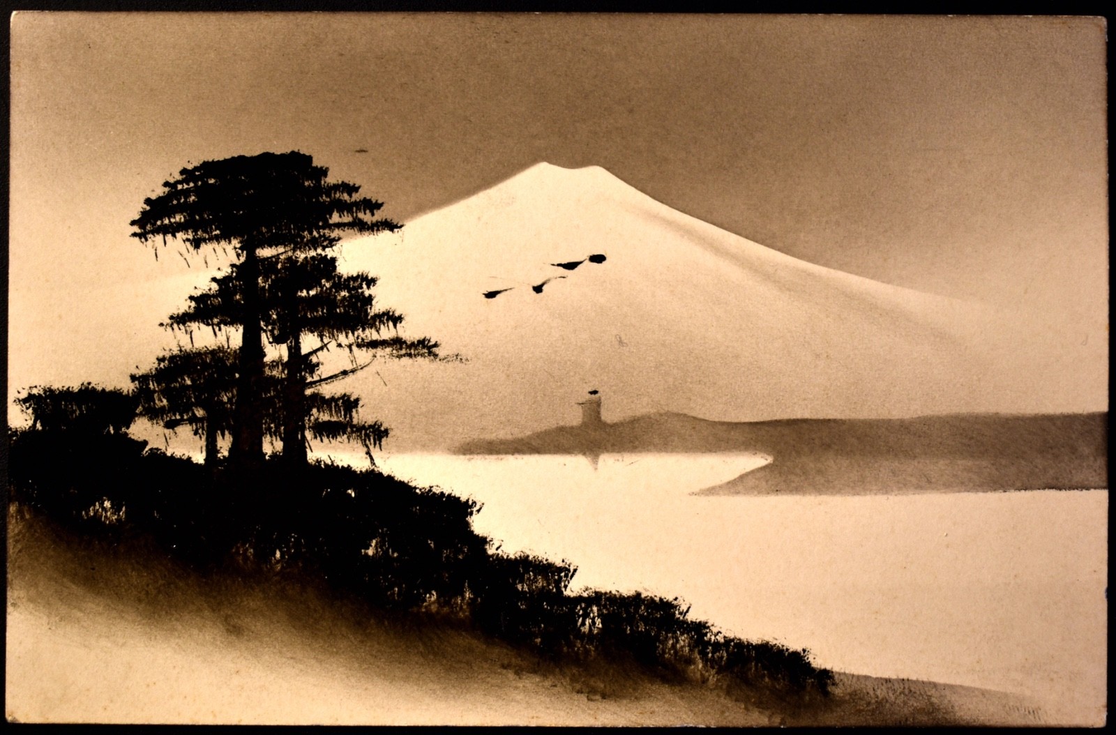 Original Hand-Painted Postcard - monochrome, likely Japanese