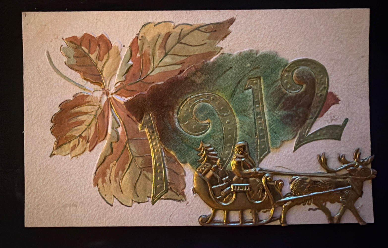 Novelty ~Metal Attached ~SANTA CLAUS in SLED ~Antique~ 1912 Postcard~s735