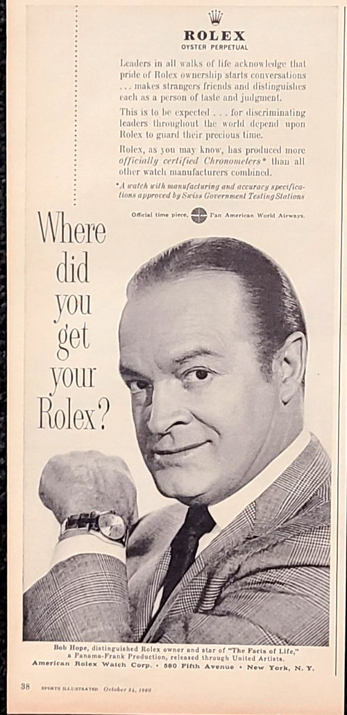 Rolex Chronometer Bob Hope Original 1960 Vintage Print Ad Wall Art