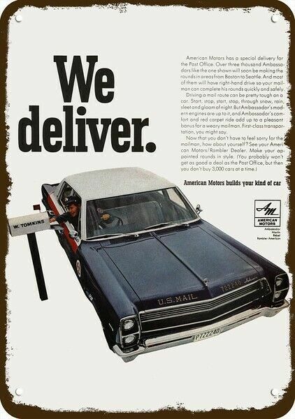 1967 USPS Post Office Carrier AMC Ambassador Car DECORATIVE REPLICA METAL SIGN