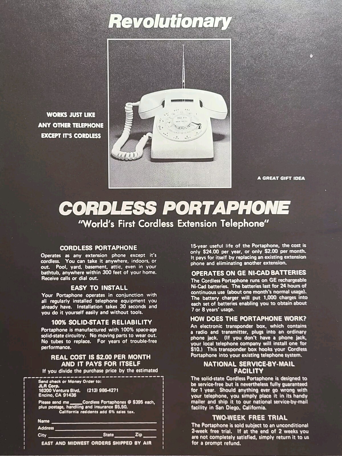 Cordless Portaphone Extension Telephone Encino CA JLR Corp Vintage Print Ad 1976