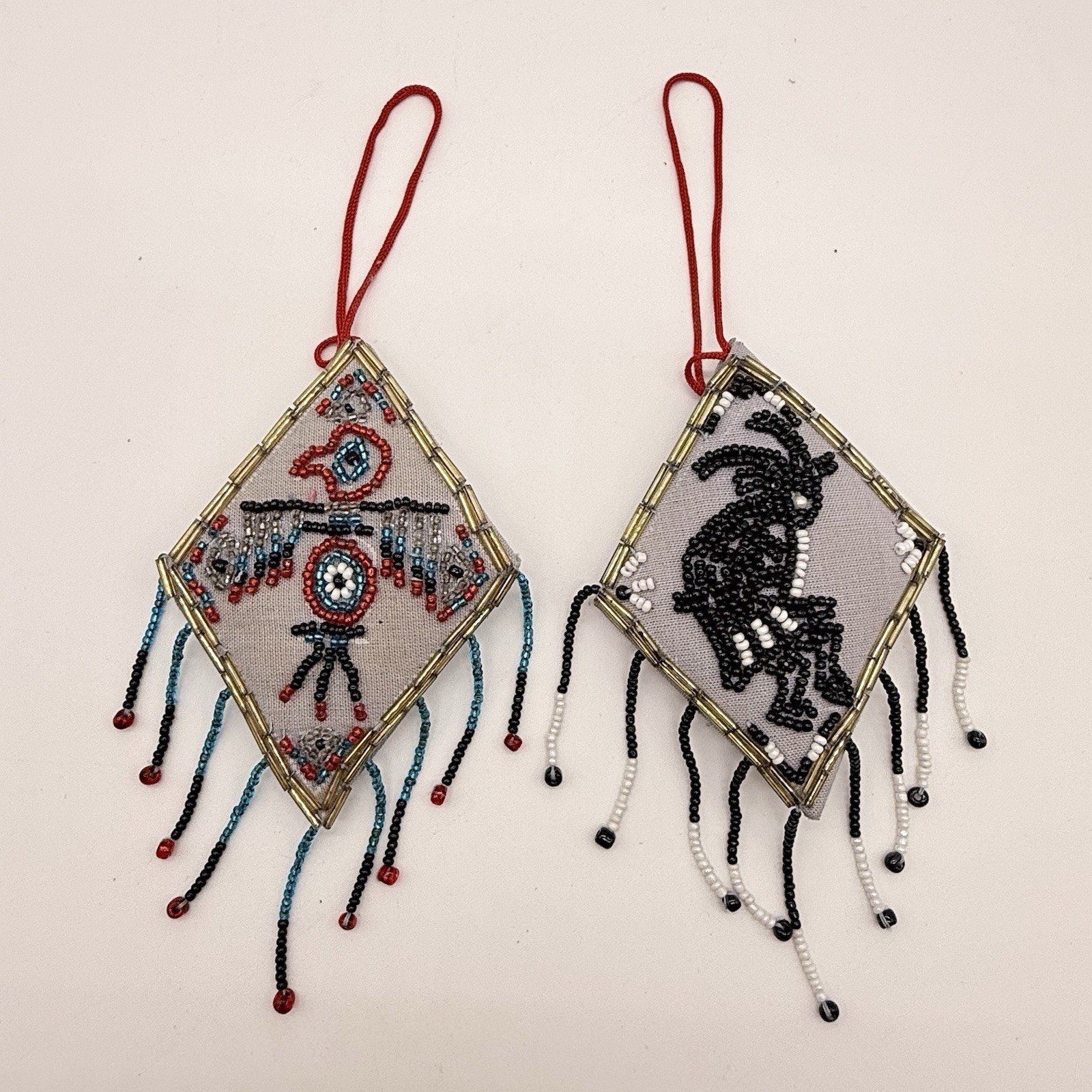 2 Vintage Native American Beadwork Thunderbird Kokopelli Design Pendant Ornament