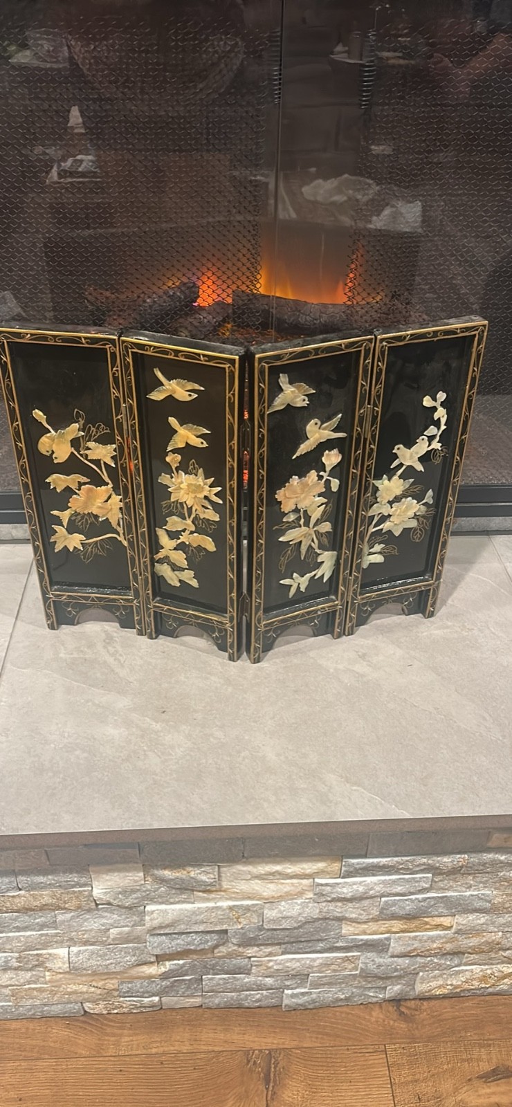Vintage Oriental Black Lacquer Mother Of Pearl Flower 4 Panel Screen 18”x14” SEE