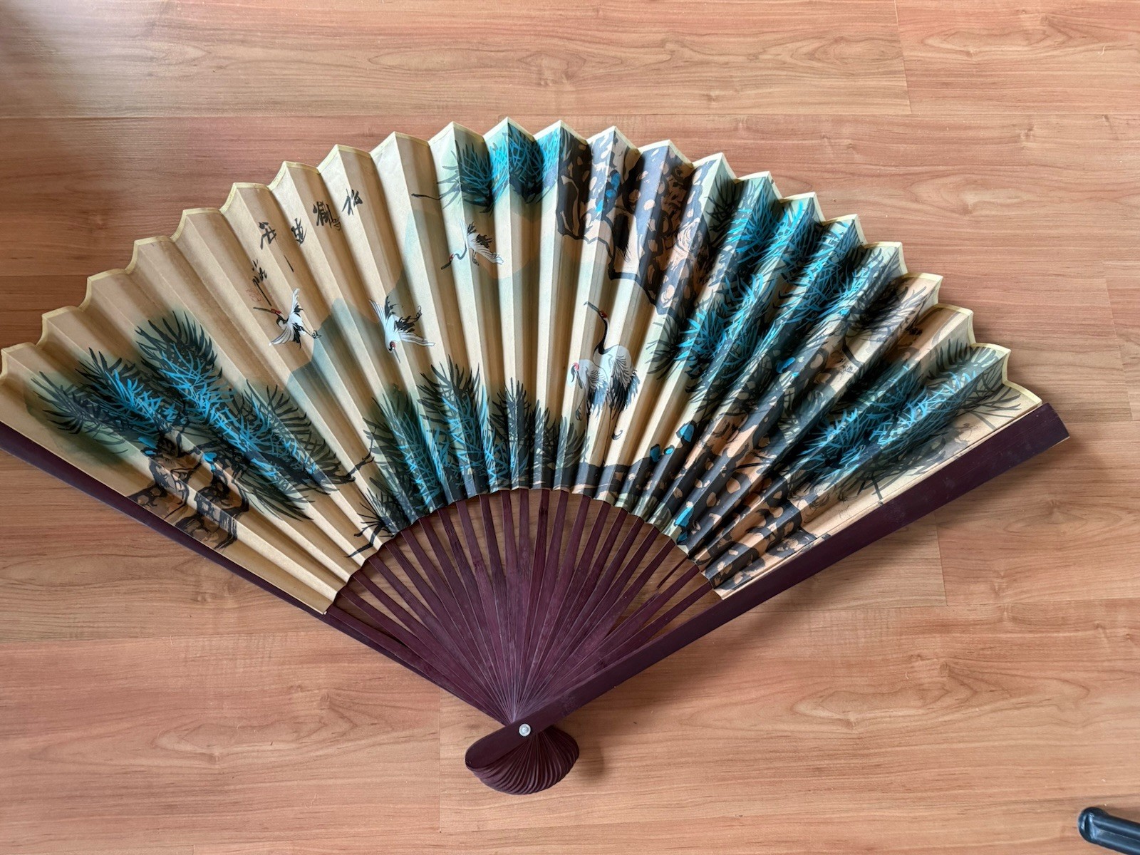 Vintage Large Oriental Asian Folding Wall Fan Decor Bird Crane  49 x 39inc -READ