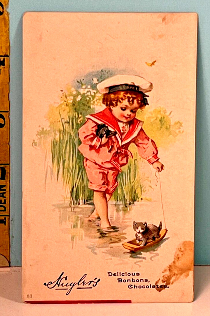 Huyler\'s Delicious Bon Bons Chocolates Little Kitty in Mini Boat Trade Card.