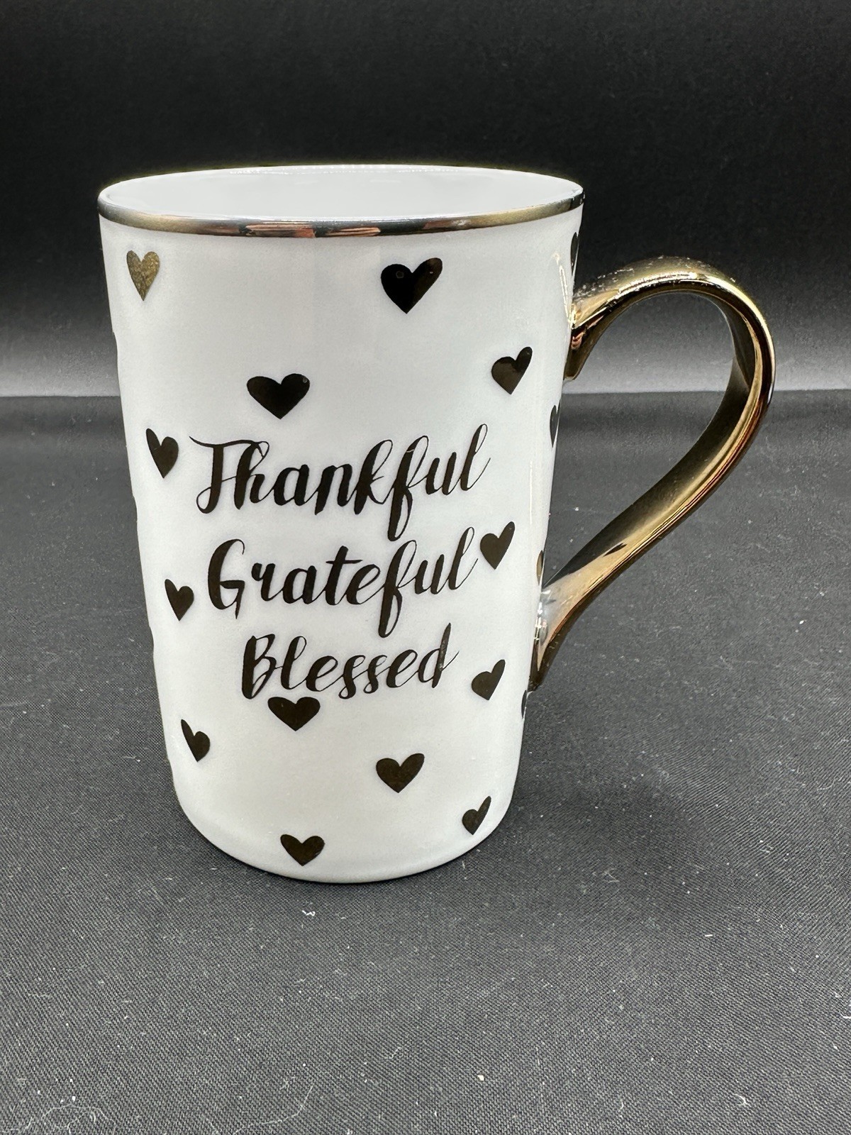 10 Strawberry Street \'Thankful Grateful Blessed\' Coffee Tea  Mug Gold Hearts