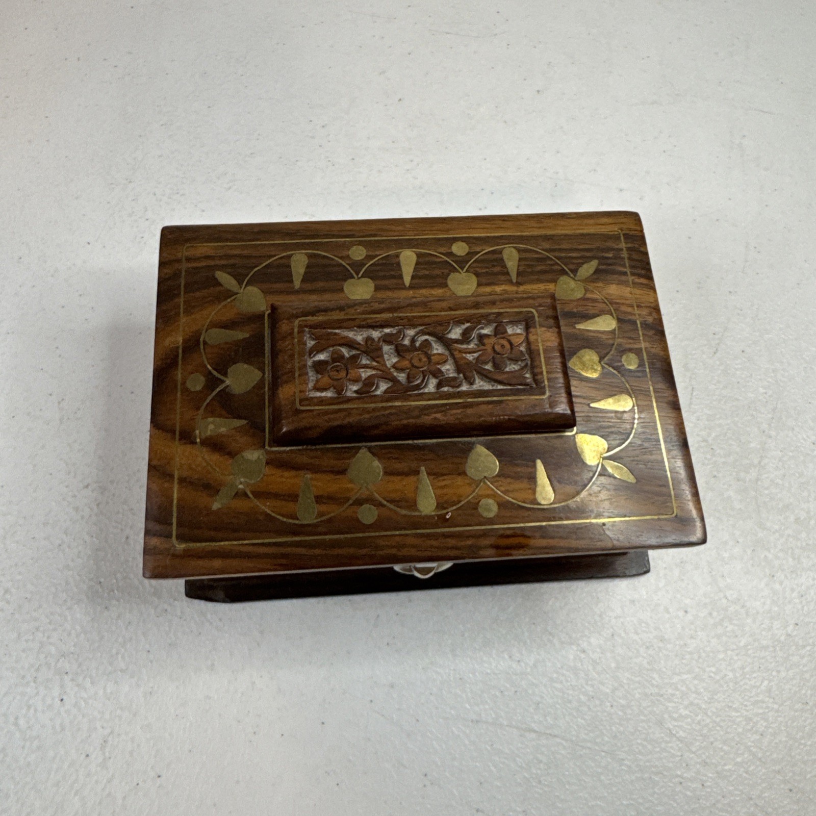 Vintage Hand Carved Ornate Wood Box, Gold Leaf Inlay India 6”x 4” x 2.5”