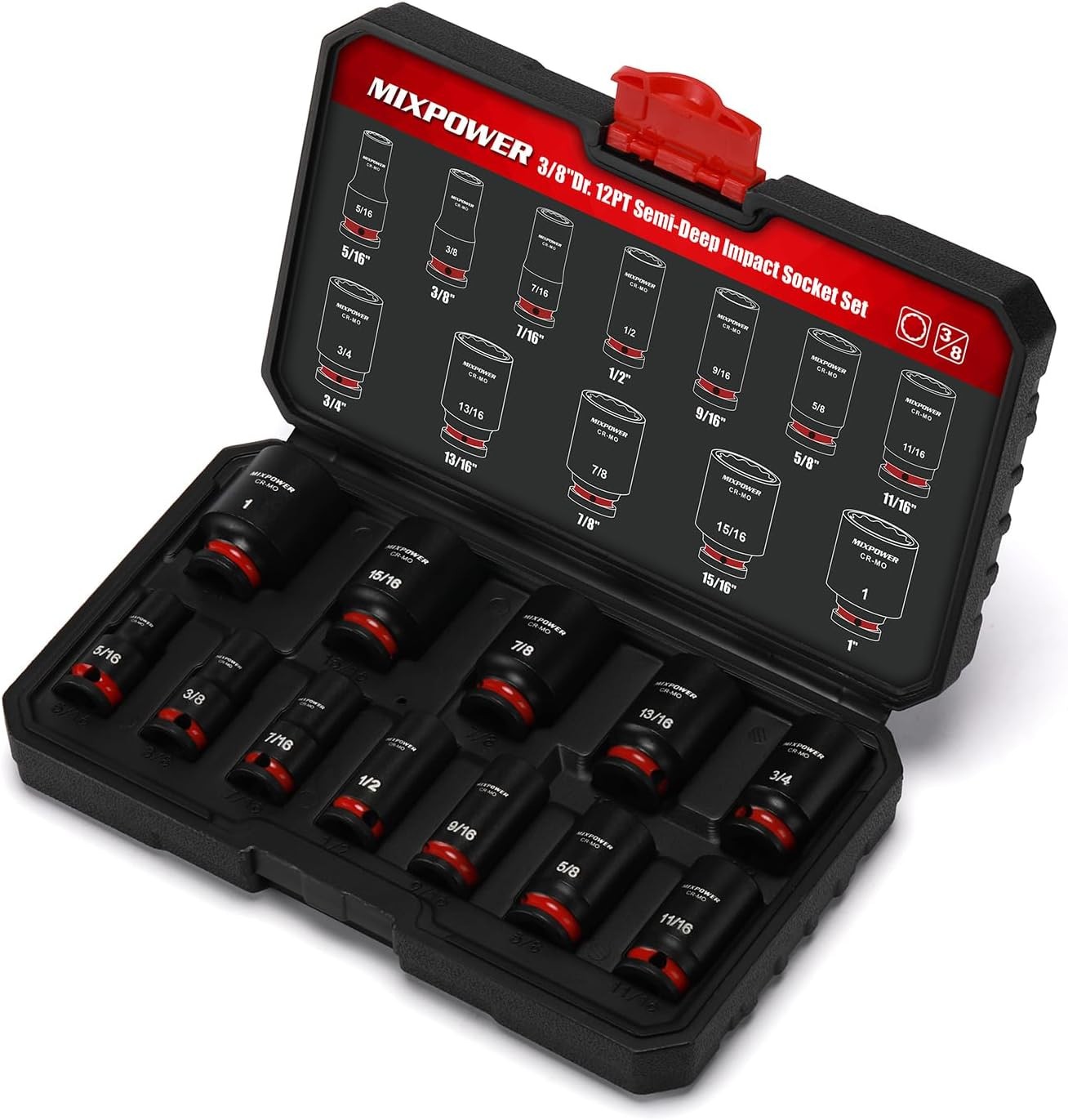 MIXPOWER 12 Pieces 3/8\'\' Drive Semi-Deep Impact Socket Set,12 Point,SAE,5/16\