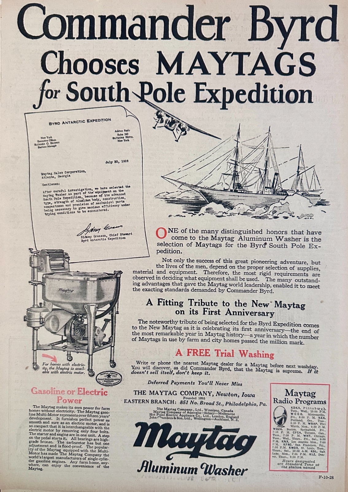 1928 Commander Byrd Chooses MAYTAG for South Pole Expedition Ad #2234
