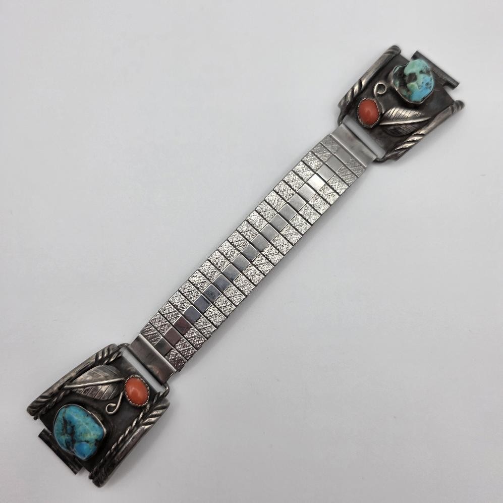 Vintage Mike Simplicio 925 Sterling Silver Turquoise & Coral Watch Tips Band