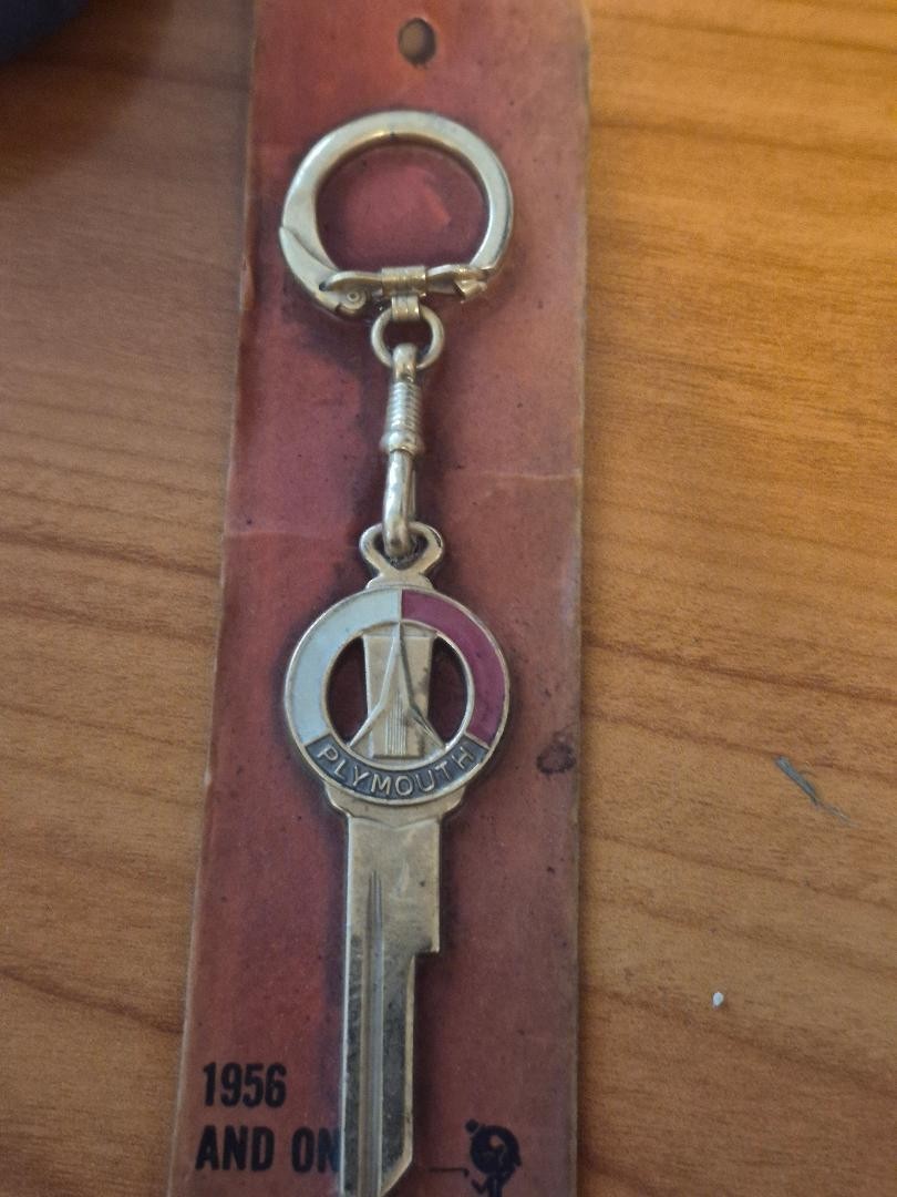 NOS Vintage Plymouth 1956 Emblem Logo Key Keychain Blank Uncut Accessory 