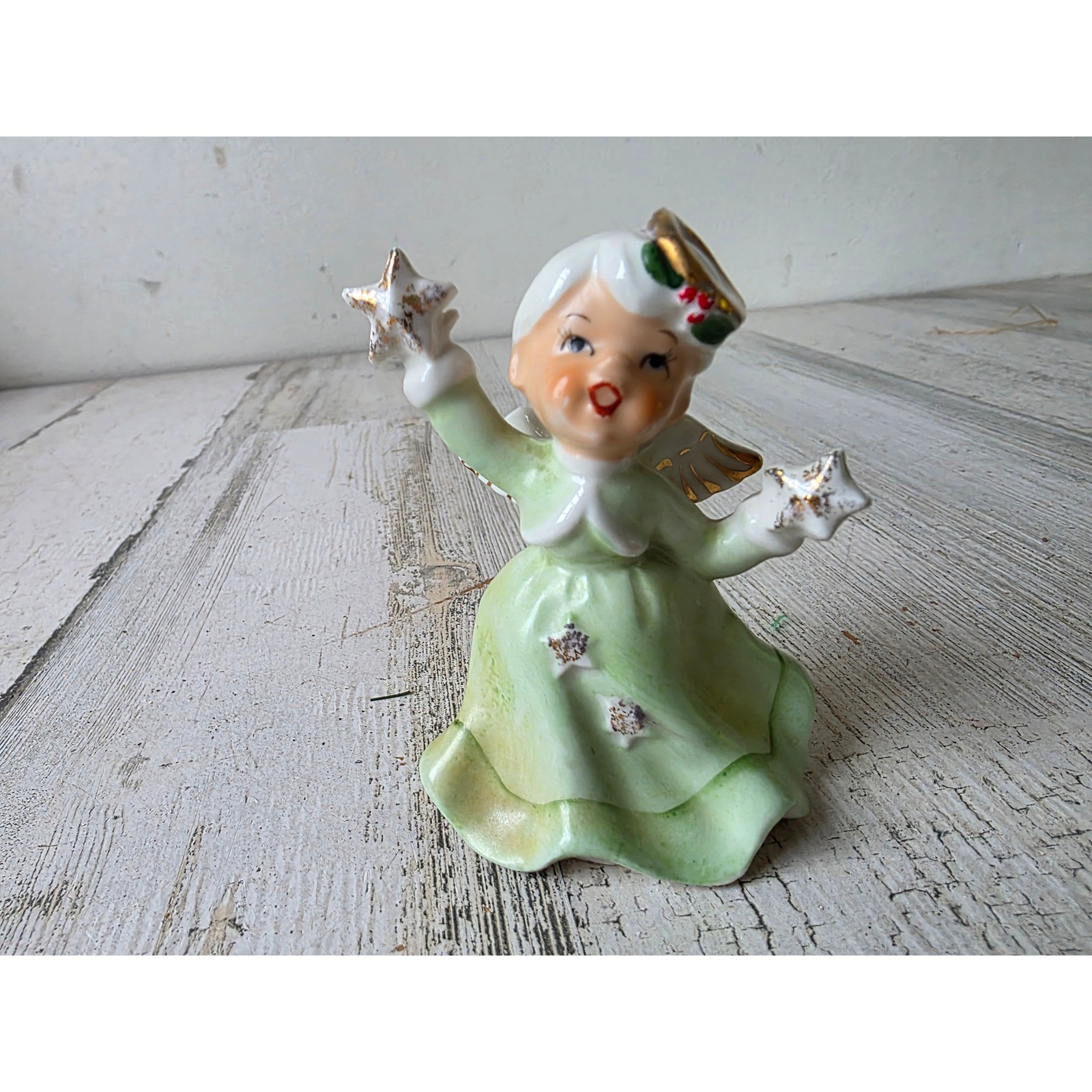 Vintage napco Japan Green Angel Stars figurine statue Xmas decor lady