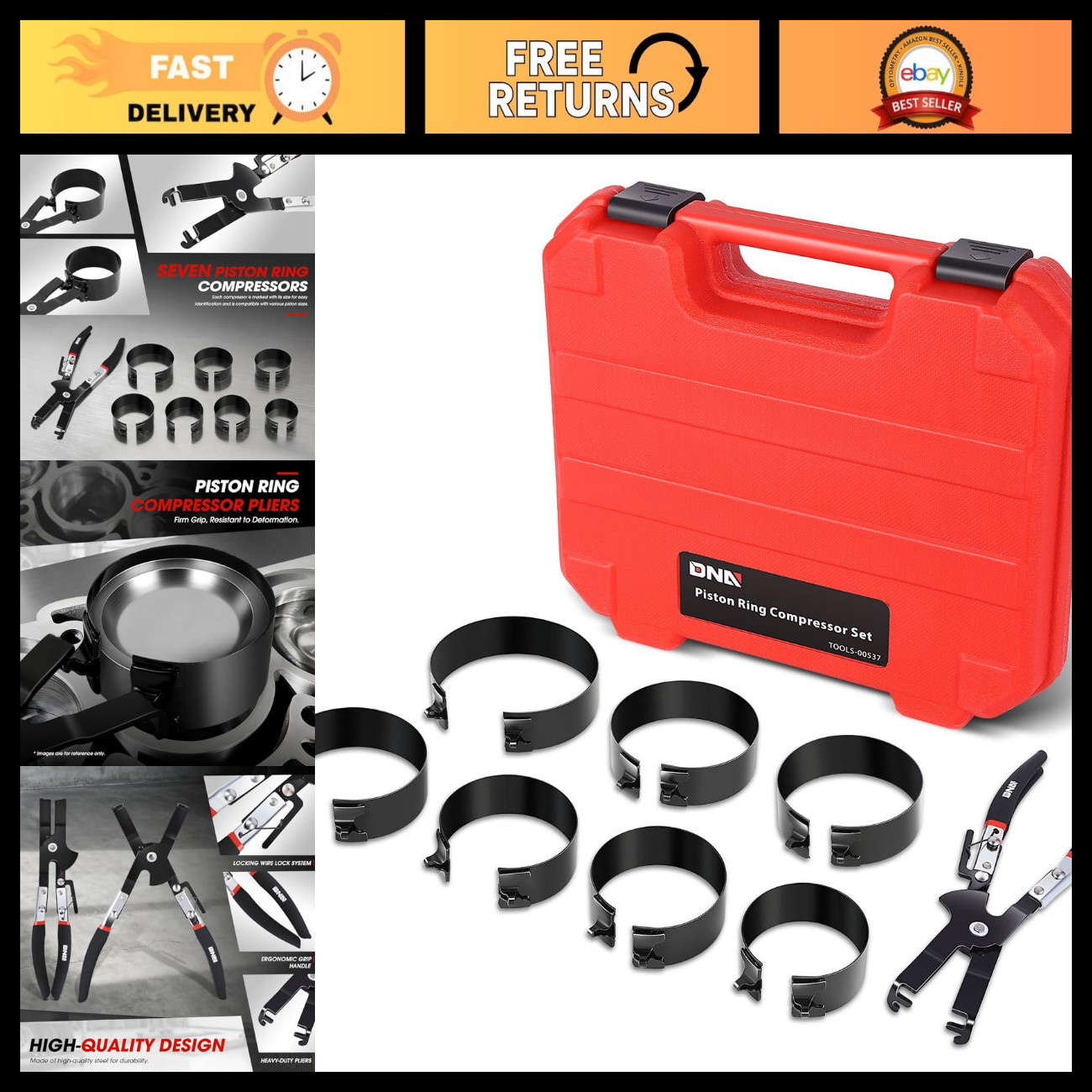 DNA MOTORING Engine Piston Ring Compressor Set with Compression Pliers and 7 Pis