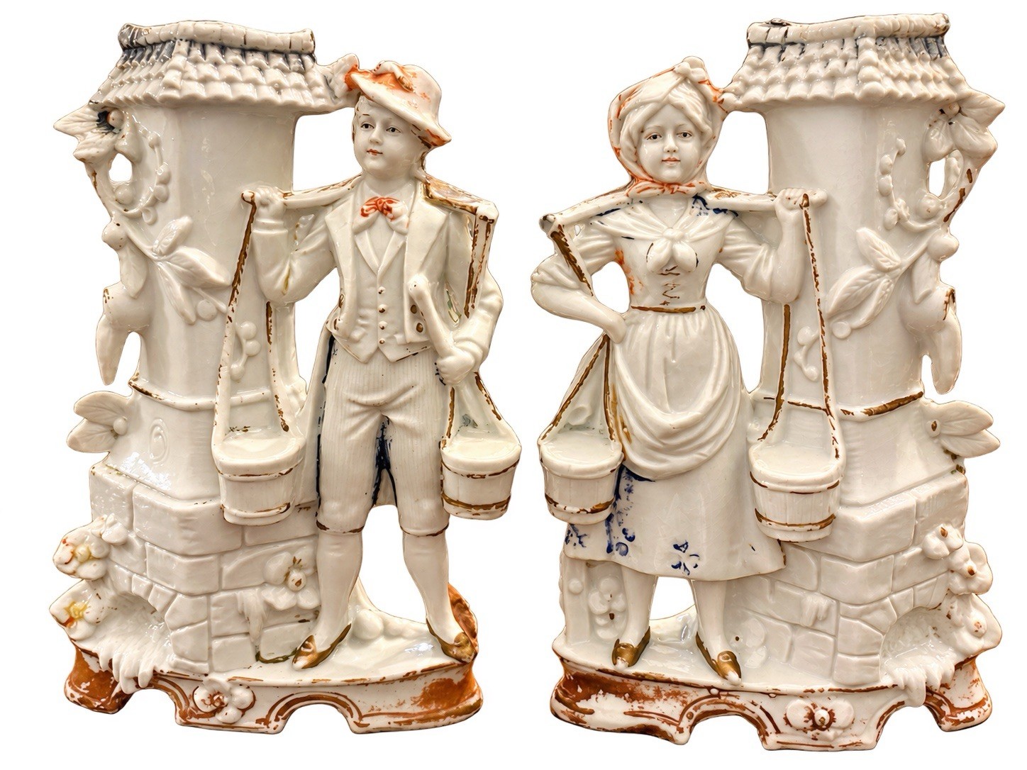 Antique Heubach Bisque Porcelain Spill Vases Pair Water Carriers Germany 6.5