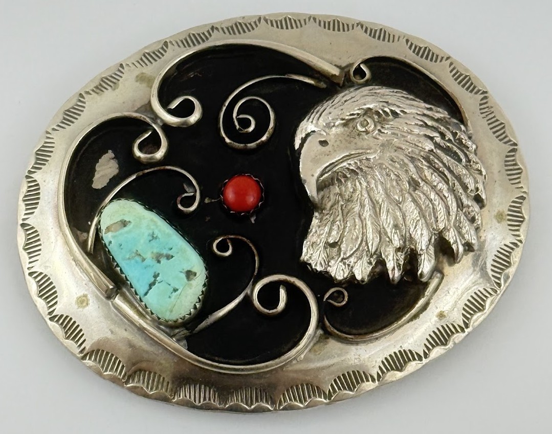 Vtg Eagle Southwestern Belt Buckle Western Rodeo Cowboy Silver Tone Blue Red